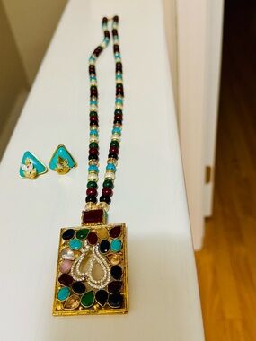 Multicolor Beaded Statement long mala with Matching Turquoise Studs